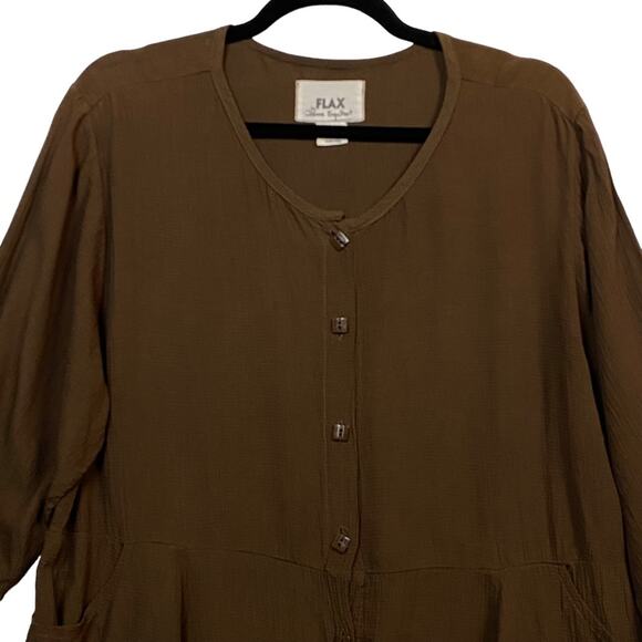 Flax Brown Button Up Long Sleeve Lagenlook Tunic Top Size Small - Picture 2 of 7